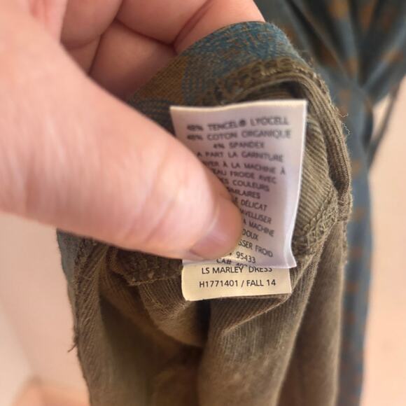 Horny Toad Long Sleeve Marley Dress Green Brown Small Tie Waist Geometric Artsy - Picture 6 of 8